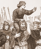 An illustration of Lambert Simnel riding on the shoulders of supporters in Ireland (en.wikipedia.org)